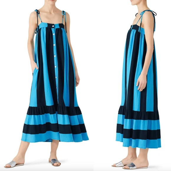 M.D.S. Stripes Striped Button Front Maxi Dress In Blue Size Medium - Picture 1 of 16